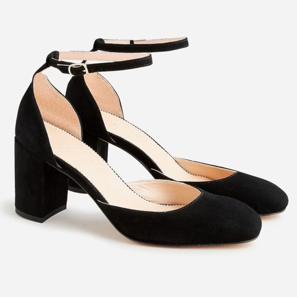 J.CREW Maisie Classic Ankle Strap Heels Italian Suede Leather Black Size 10